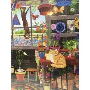 Farmhouse Greenhouse Puzzle Art of Flickenger Framed Completed 25x19in Cat Plant